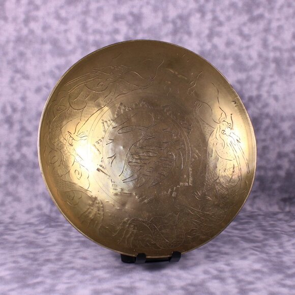Vintage Chinese Brass Decorative Plate Crane Dragon Etched 11" - Picture 6 of 11